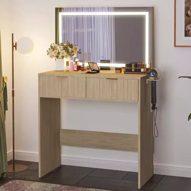 Fluted Vanity Desk w/Mirror and Lights, Small Makeup Vanity with 2 Drawers & Power Outlet, 3 Lighting Modes Adjustable Brightness for Bedroom