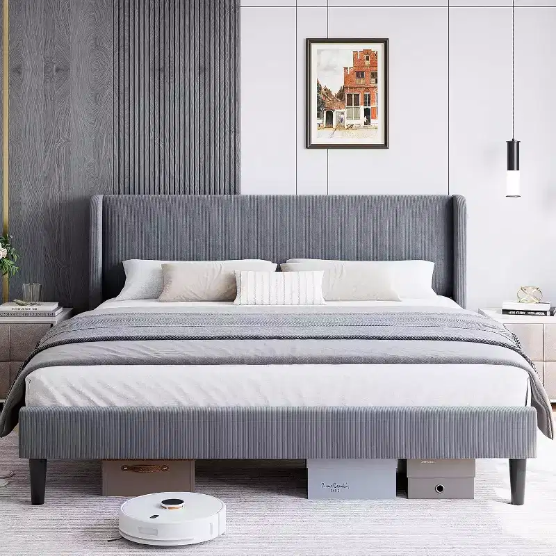 DobleePy Full / King Upholstered Bed Frame with Headboard, Platform Bed with Wood Slats, No Box Spring Needed, Easy Assembly