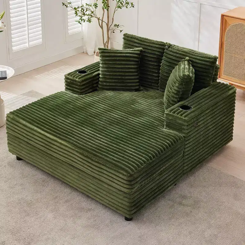 54 Oversized Chaise Lounge Chair, Upholstered Sleeper Sofa Bed with 4 Pillows & Cup Holder, Corduroy Comfy Sofa Couch for Living Room Bedroom, Green