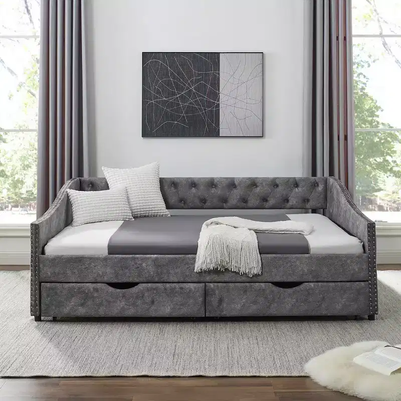 Full Size Button Tufted Sofa Bed with Drawers and Wave Arms Gray
