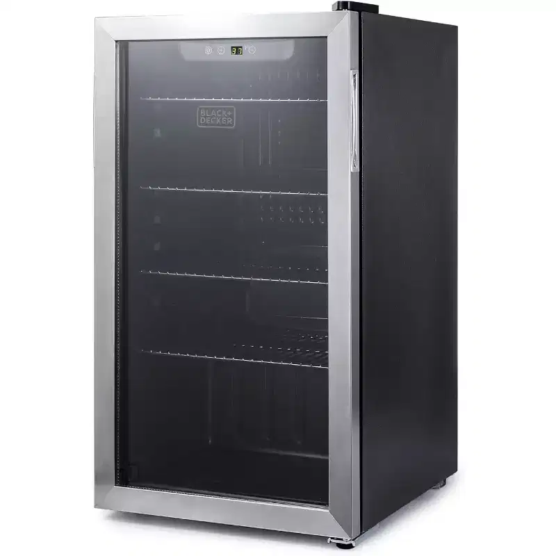 BLACK+DECKER 3.3 Cu. Ft. Beverage Cooler, Beverage Fridge with Double Pane Glass Door, Refrigerator for Drinks with 112-Can Capacity, LED Display