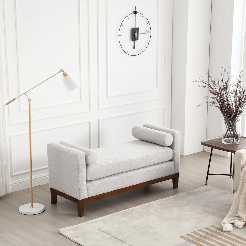 Upholstered Bench Wood Legs and Bolster Pillows