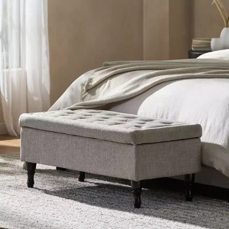 Storage Ottoman Bench with Tufted Button Upholstery, Multifunctional Footrest Stool with Spindle Wood Legs for Bedroom and Couch