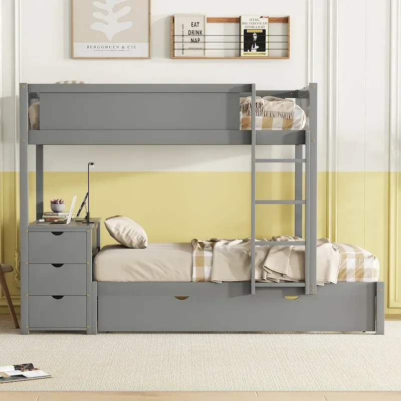 Twin-Over-Twin Bunk Bed with Twin size Trundle Bed Frames & Storage, Desk Storage Bed, Space-Saving for Kids Teens Adults