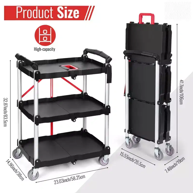 176LBS Folding Utility Cart with Wheels, Foldable Utility Service Cart, 3 Tier Collapsible Rolling Cart with 360Swivel Wheels, Portable Cart