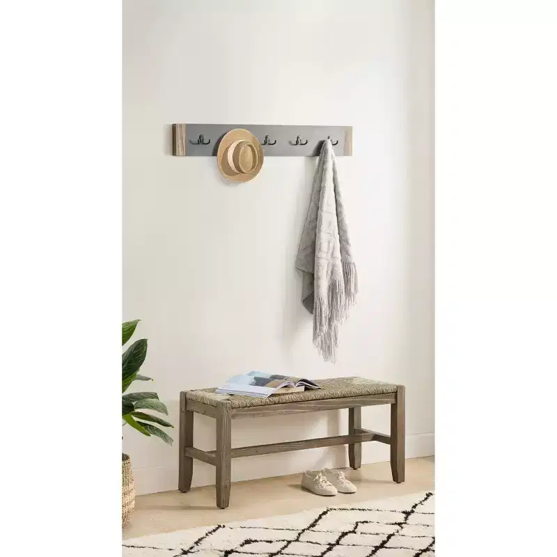 40" Davenport Coat Hook and Rush Seat Bench Set Light Amber - Alaterre Furniture: Rustic Industrial Entryway Organizer, Wood Frame