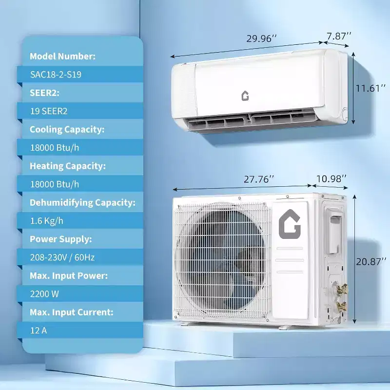 18000 BTU Wifi Mini Split AC, 19 SEER2 208-230V Inverter Ductless Wall AC w/WiFi & Alexa Compatible