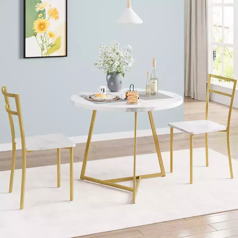 Dining Table Set, 3-Piece Round Kitchen Ensemble with Upholstered Chairs & Sturdy Steel Frame, for Small Spaces, Apartments, and Studios, White