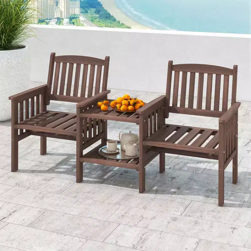 Costway Outdoor Fir Wood Loveseat with 2-Tier Side Table and 1.96 Umbrella Hole Brown/White