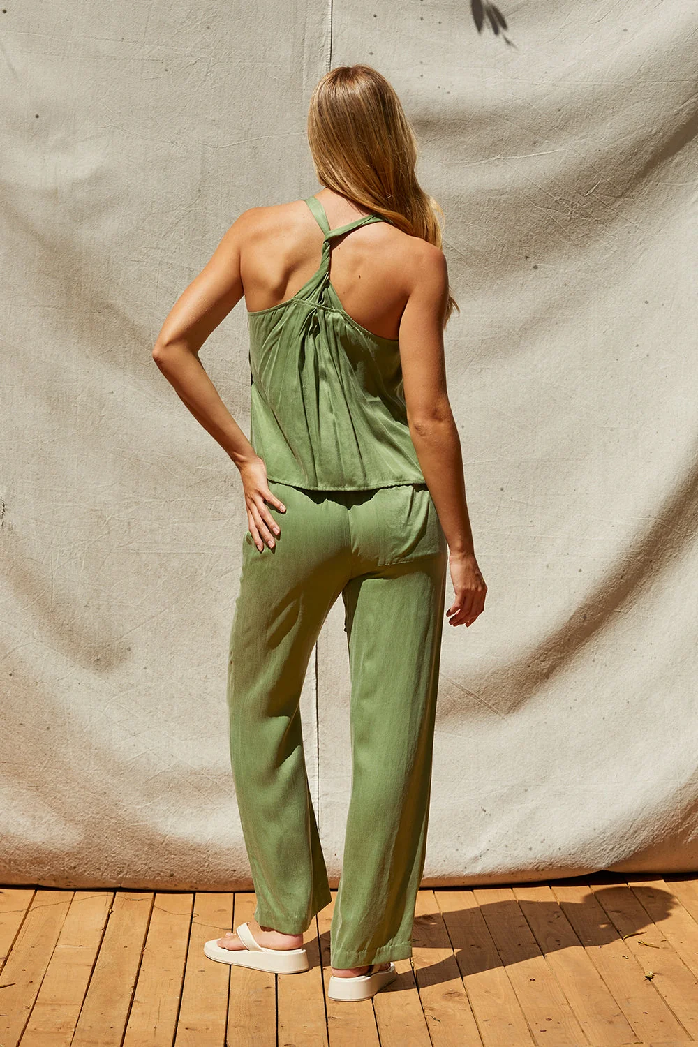 Pull On Cupro Straight Leg Drawstring Pants with Side Pockets