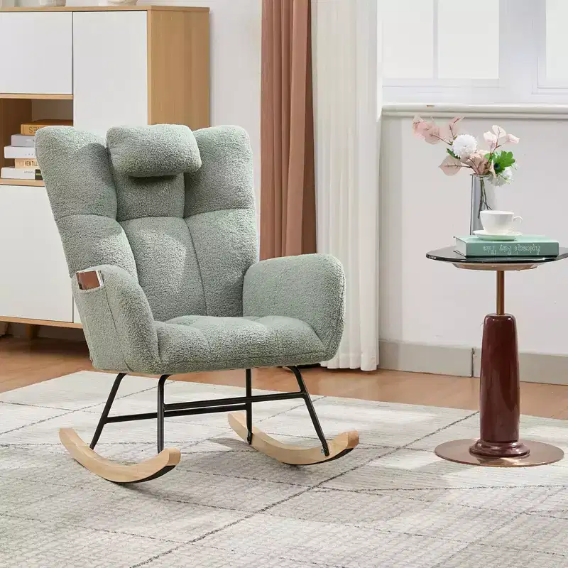300lb Capacity Nursery Glider Rocker,Teddy Upholstered with Wood Legs for Living Room,Bedroom Nursery Includes Side Pockets