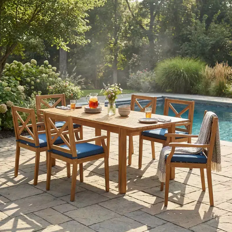 7PCS Outdoor Patio Dining Set, Acacia Wood Extendable Dining Table with 6 Cushioned Chairs, Outdoor Dining Furniture for Backyard-Panipeachy