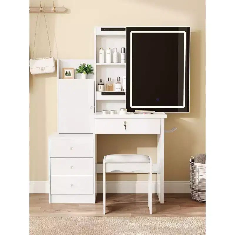 Modern Vanity Desk with Cushioned Stool, Compact Vanity with Sliding Mirror and Ample Storage, Makeup Desk for Dressing Room, White