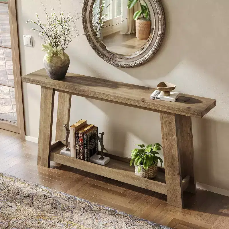 Lantine 63 Solid Wood Console Tables, 2-Tier Farmhouse Entryway Table, Narrow Sofa Table Behind Couch for Living Room, Hallway, Foyer