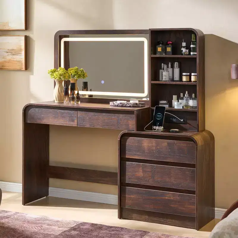 Vanity Desk with 35.4 LED Mirror and Lights, Modern Makeup Vanity Table with Charging Station & Adjustable Shelves