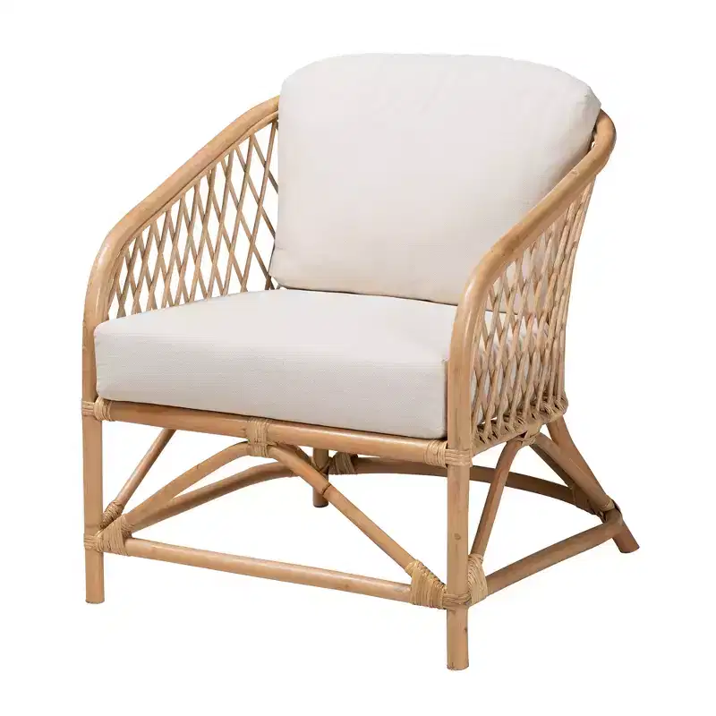 Modern Bohemian White Fabric and Natural Brown Rattan Armchair