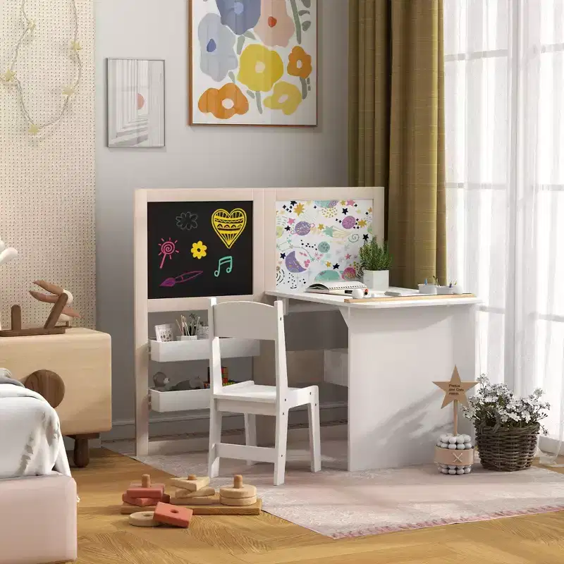 Qaba Kids Table and Chair Set, 3 in 1 Kids Art Table and Chair Set with Storage Shelves, Blackboard, Whiteboard, Roll Paper, for 3-8 Years, White