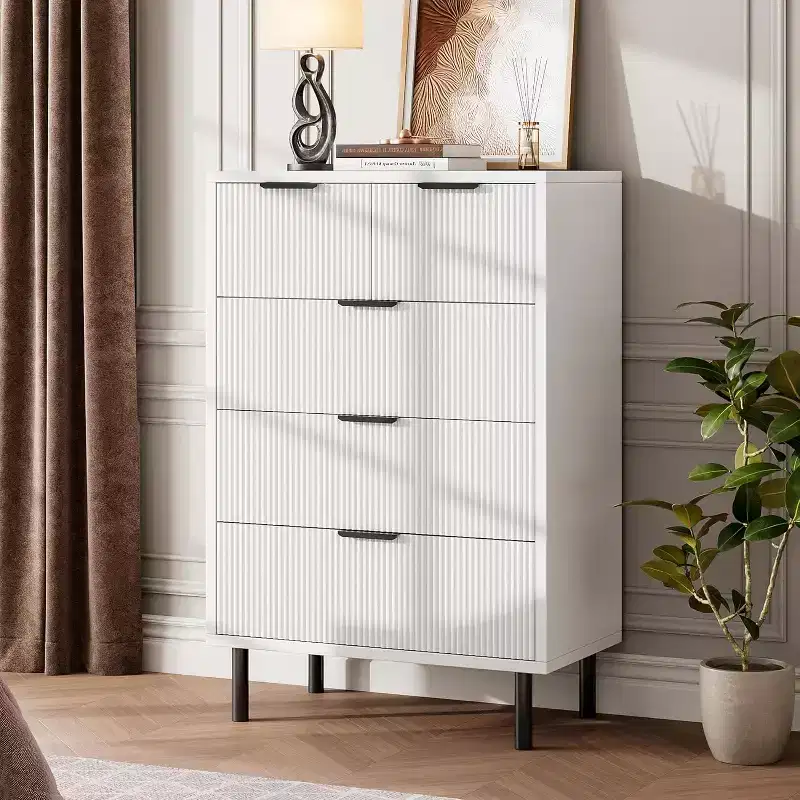 DobleePy 5-Drawer White Fluted Dresser, Modern Tall Chest with Metal Legs for Bedroom, Living Room, Home Office, Hallway