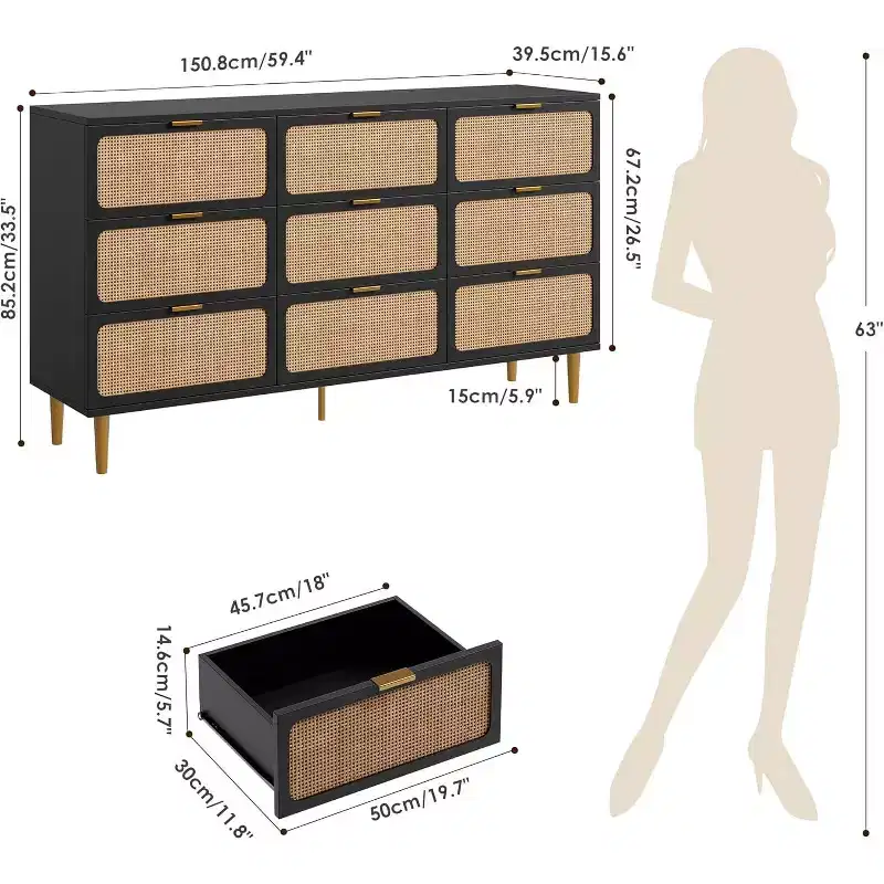 9-Drawer Wooden Dresser with Storage Drawers for Bedroom and Living Room