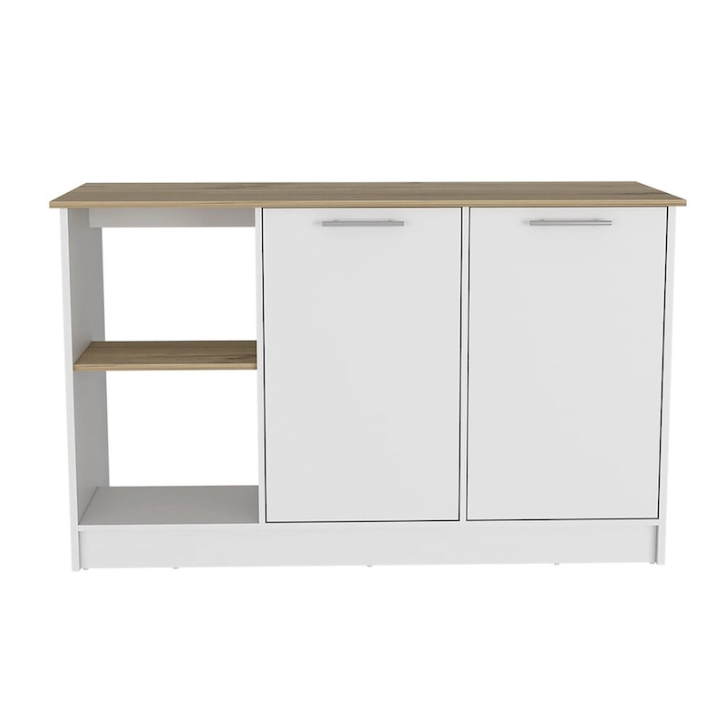 Kitchen Island, Four Open Shelves, Two Cabinets -Light Oak / White
