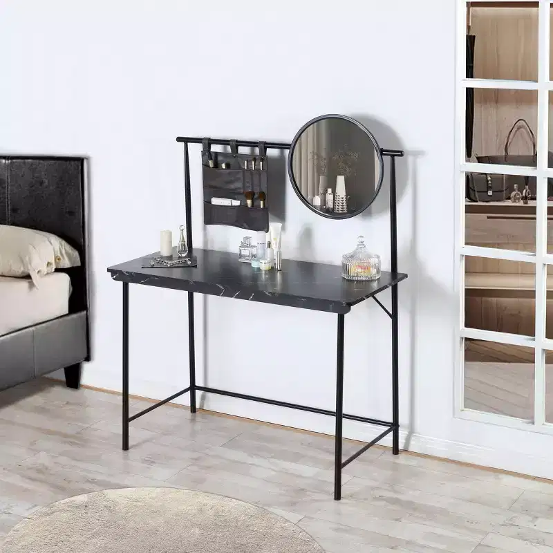 FurnitureR Vanity Desk with Removable Circular Mirror Simple Makeup Dressing Table Multifunctional Dressing Desk Writing Desk for Bedroom, Black