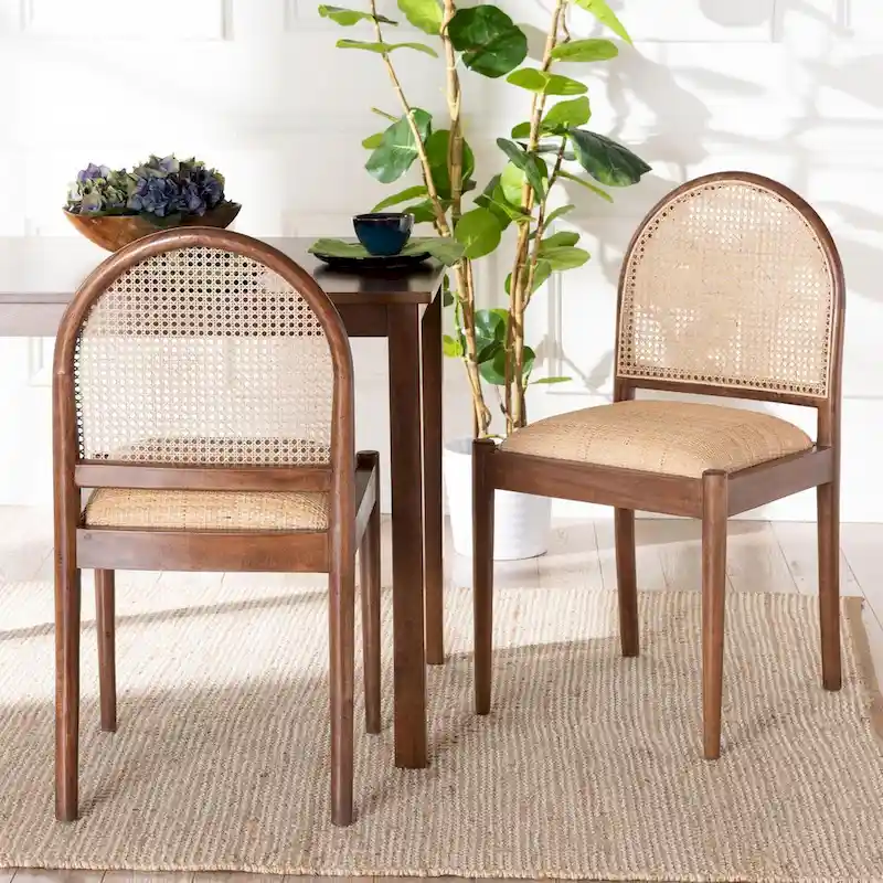 Modern Bohemian Natural Rattan and Acacia Wood Dining Chair