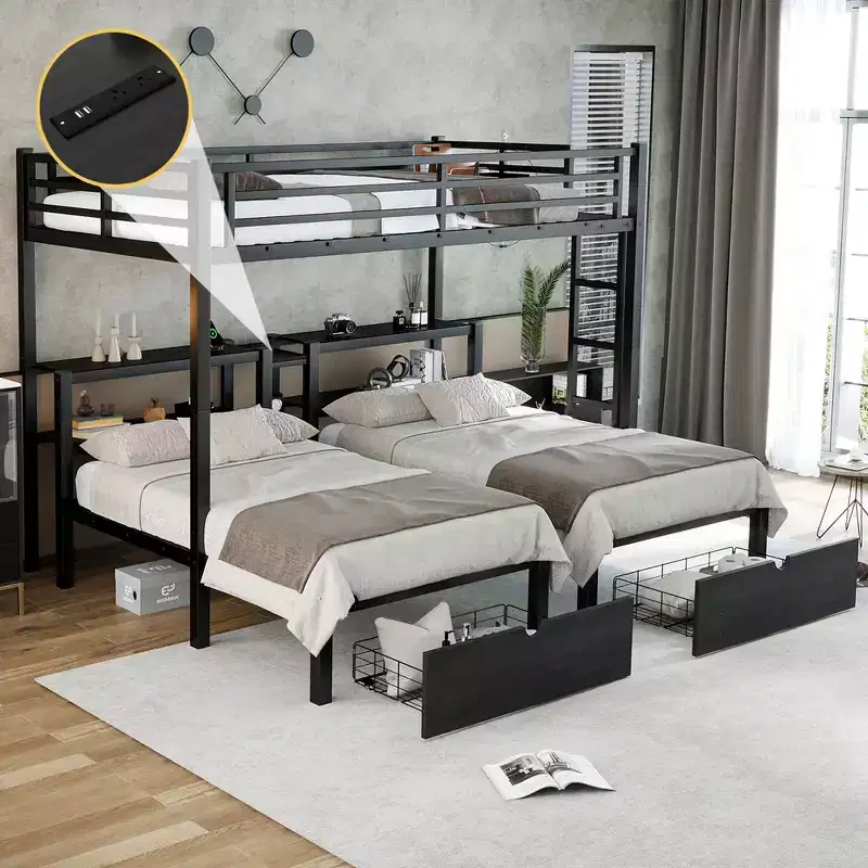 Full XL Over Twin & Twin Triple Bunk Bed with Drawers, Metal Frame, Shelving & USB, Black