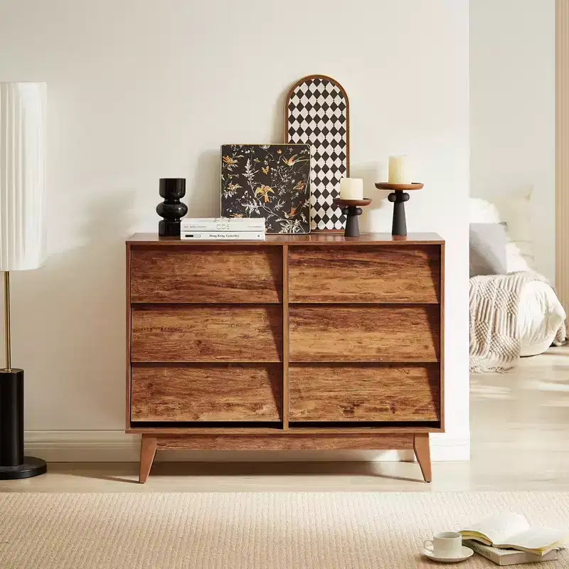 JVNOXK 47-inch six-drawer double chest, retro style and slanted design, solid wood concealed drawer handles, with storage space, brown