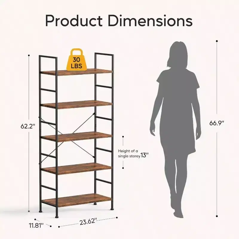 5 Tier Bookshelf Rustic Brown Standing Book Shelf Home Office Bookcase Storage Organizer Bedroom Living Room Bathroom
