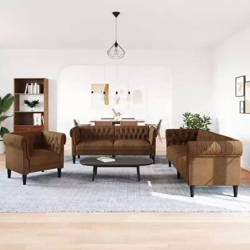 vidaXL Living Room Sofa Set - 3 Piece Brown Fabric Settee Couch - Modern Padded Lounge Seating with Armchair, loveseat & 3 Seater