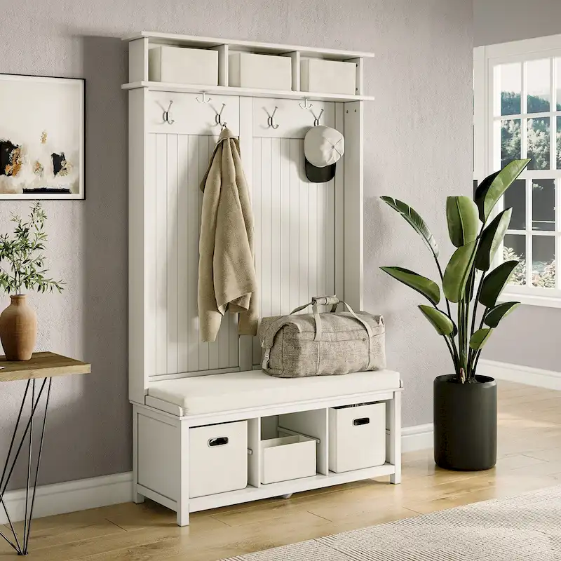 John Louis Home Solid Wood Hall Tree with Shoe and 2 Bin Storage