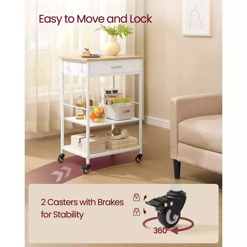 Kitchen Rolling Island Cart, 35.4 Mobile Kitchen Cart with Drawer, Adjustable Shelf, 4 Locking Wheels, 257 lb Capacity, Oak Beige & White