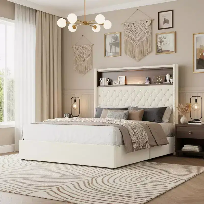 Velvet Bed Frame with Tufted Headboard, Shelf Storage, USB Ports & LED Light