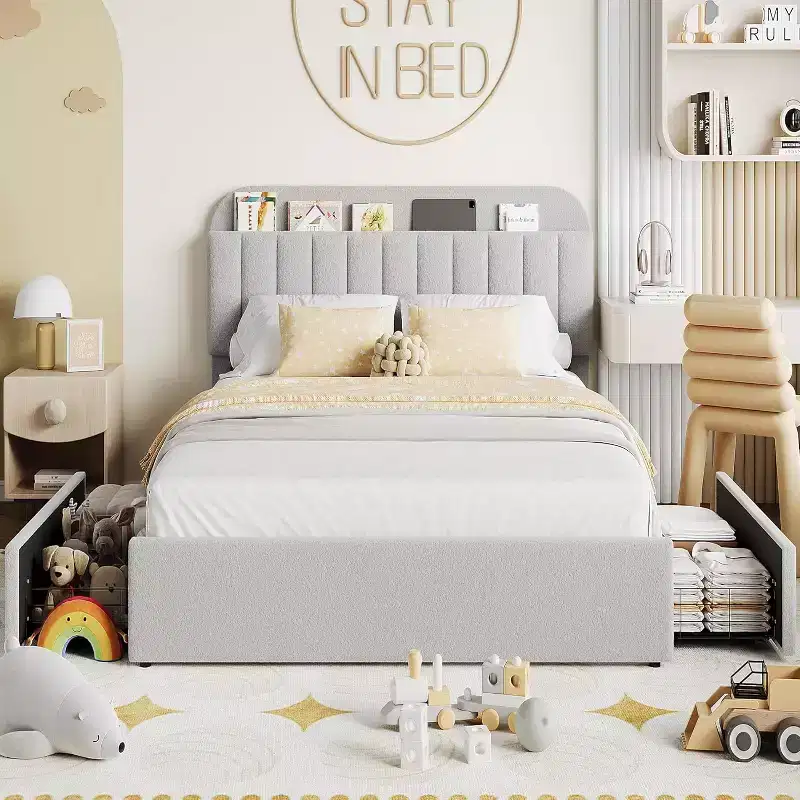 Twin Bed Frame with Storage Headboard, Kids Bed Frame with 2 Drawers, Easy Assembly, No Box Spring Needed