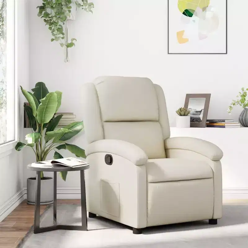 vidaXL Cream Faux Leather Recliner Chair - Wingback Reclining Armchair for Elderly with Manual Function, Padded Seat, and Side Pocket