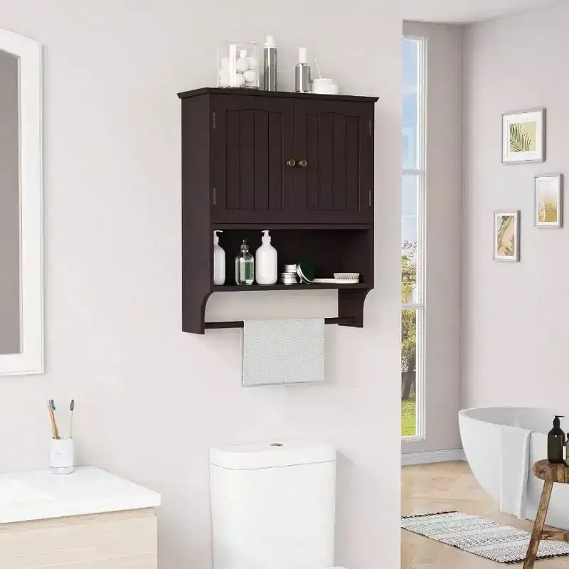 Bathroom Cabinet Wall Mount with 2 Doors Adjustable Shelf Wooden Over Toilet Storage White Modern Design Space Saving