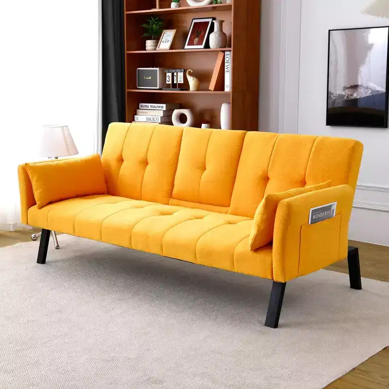 70 Inch Multifunctional Cotton Sofa Bed with Cup Holder Side Storage for Living Room Bedroom, Yellow