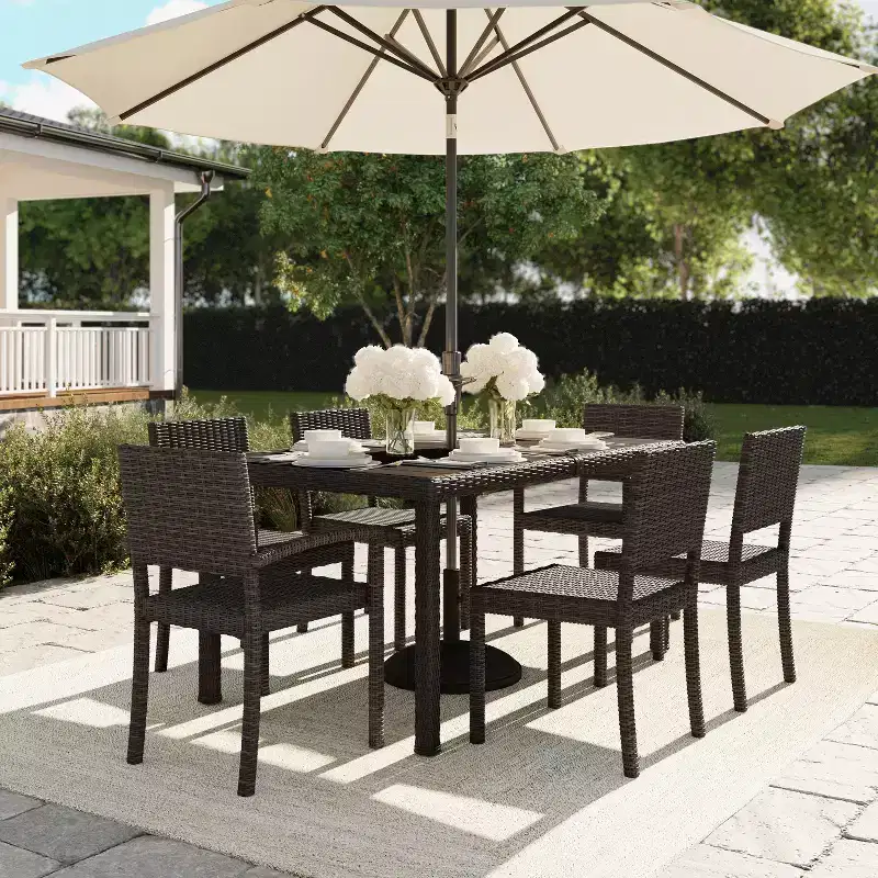 Martha Stewart Bedford 7-Piece Indoor-Outdoor Dining Set with 6 Stackable Dining Chairs and 62 Patio Table with Engineered Wood Top in Rattan Wicker