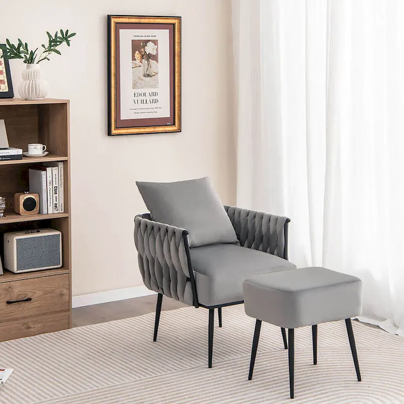 Gymax Modern Dutch Velvet Accent Chair & Ottoman Set Single Leisure