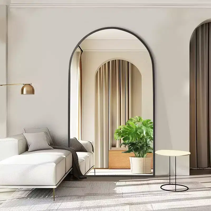 MAYEERTY Black 39.37 x 66.93 Inch Arch Shaped Thin Edged Aluminum Alloy Full Length Mirror with Stand for Living Room and Bedroom Wall Decor
