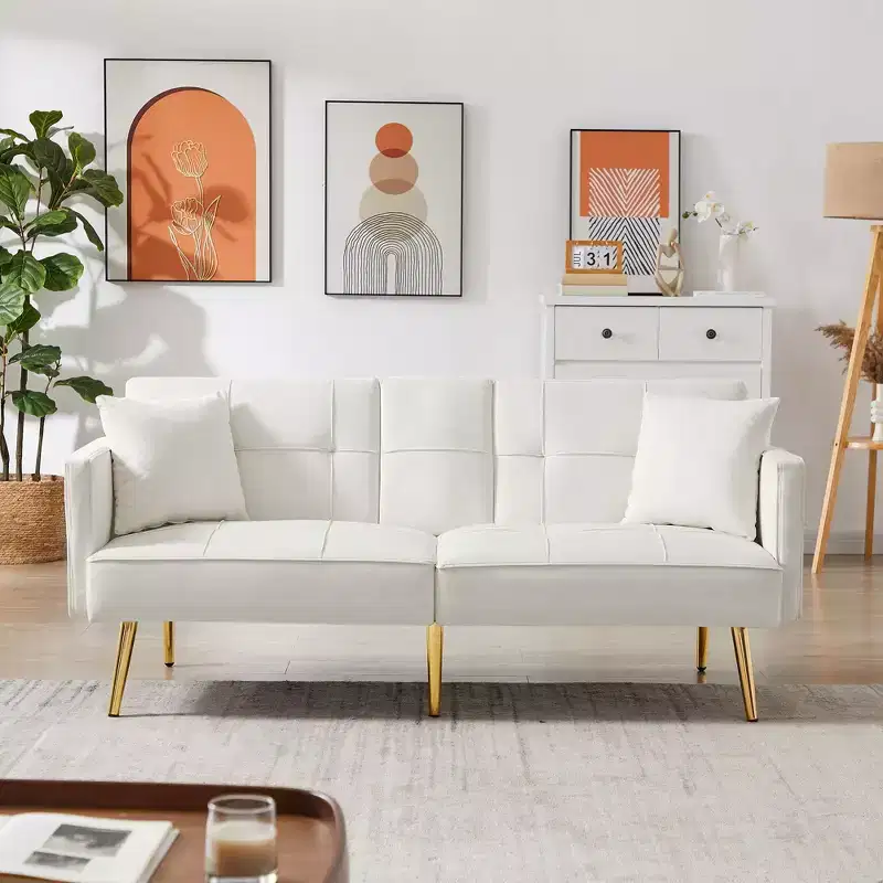 TUYOHW 69.2 Inch Velvet Futon Sofa Bed with 2 Hidden Cup Holders and 2 Pillows for Living Room,Office,Apartment,White