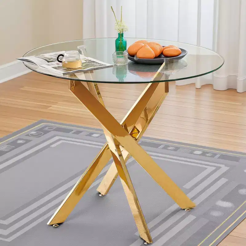 Cross Metal Leg Glass Dining Table - Modern Space Saver