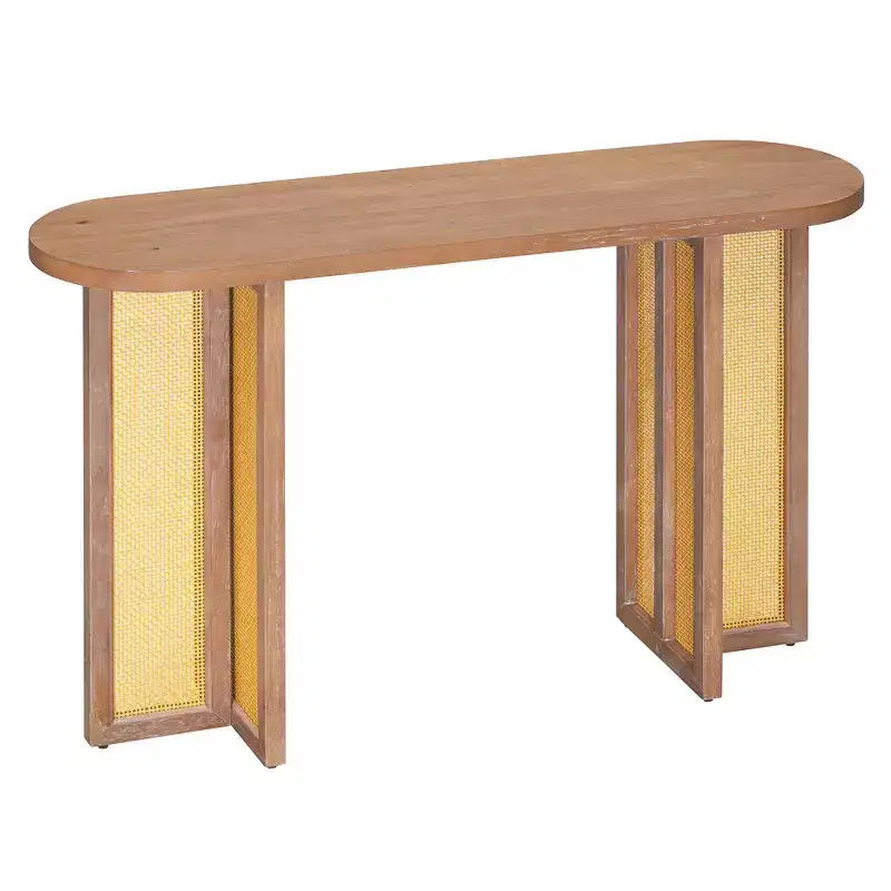 Rattan Narrow Console Table with Oval Top and Storage for Living Room and Entryway