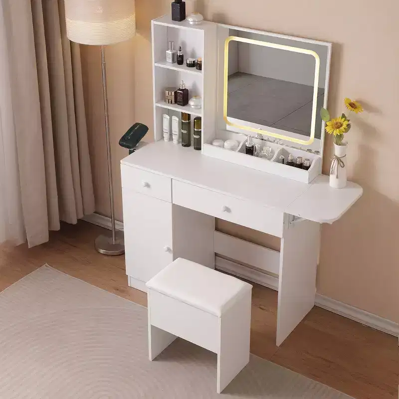 Okak Vanity Desk with Storage Stool Set, Makeup Vanity with Power Outlet and Large Storage Cabinet, Makeup Table for Living Room, Bedroom, White