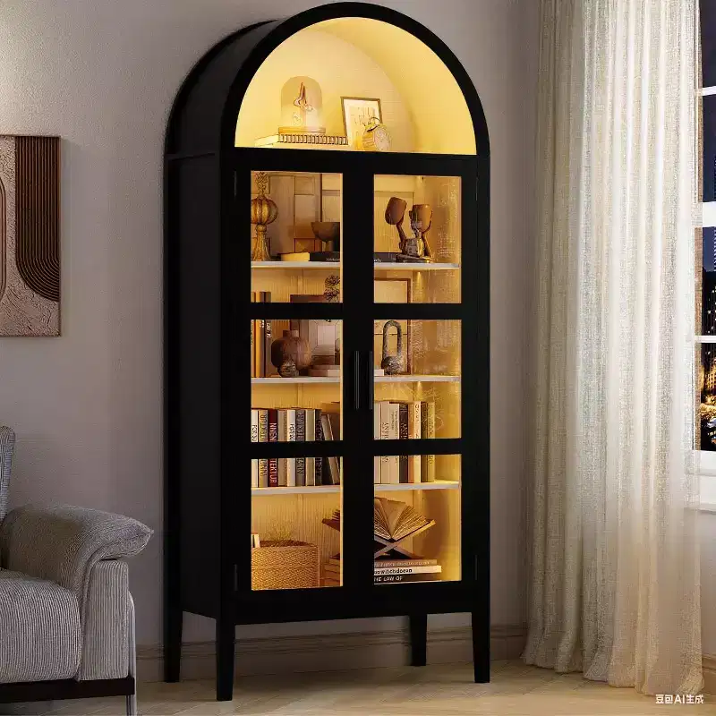 COZONY 70 Arched Kitchen Pantry Cabinet with LED Lights & Glass Doors, Adjustable Shelf Display Bookshelf