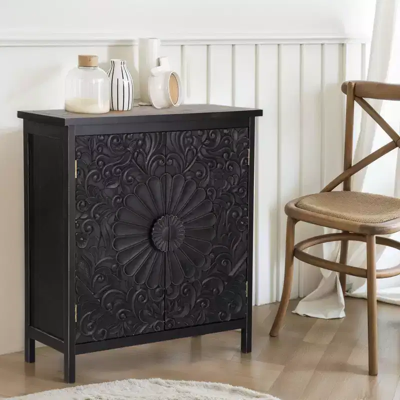 Accent Farmhouse Carved Floral Buffet Cabinet with Doors for Living Room