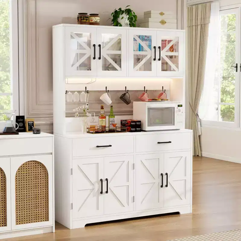 Dyonery 71 LED Kitchen Pantry Cabinet with Power Outlet, Coffee Bar Cabinet, Large Kitchen Storage Buffet Hutch with Door Racks & Shelves