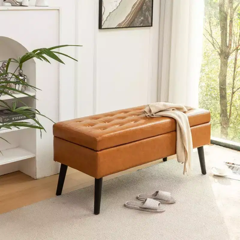 TUYOHW Rectangle Storage Bench,End of Bed Ottoman Bench with Solid Wood Legs,PU Leather Ottoman for Living Room,Bedroom,Entryway