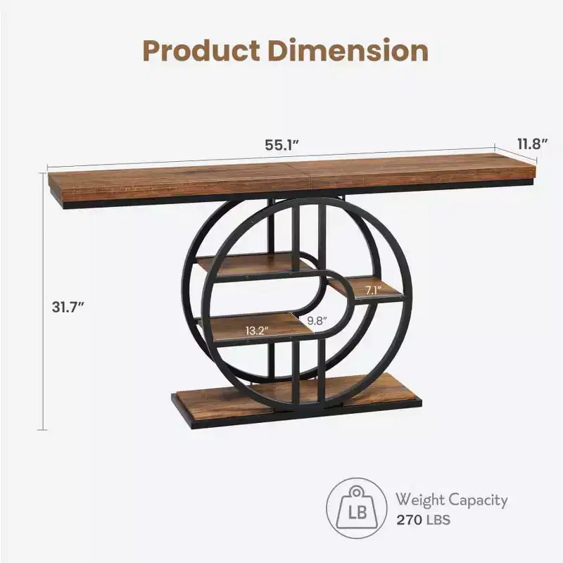 55'' Console Table for Entryway, Industrial Hallway Sofa Table with Storage Shelves, 5-Tier Narrow Accent Table with Circle Storage Shelves