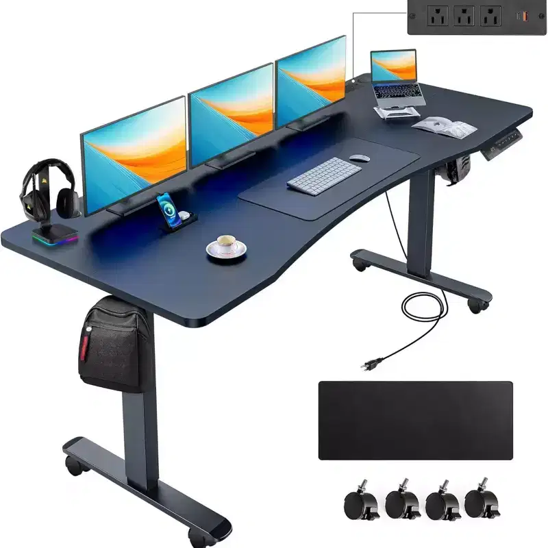 Standing Computer Desk Adjustable Height 63 24 Ergonomically Curved Desktop with Outlet Lockable Casters Lifting Range 27''-46''
